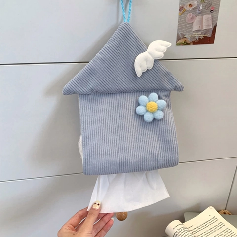 Hängende Taschentuchbox Hausform Cord Stoff Engel Flügel Blumen Deko Badezimmer Auto Wandhalterung Organizer