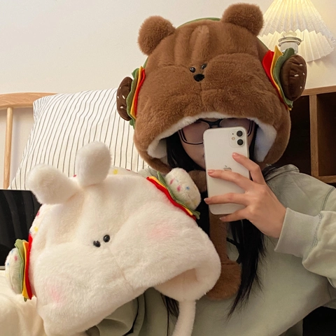 Gorro Peluche Oso Hamburguesa Lindo Grueso Cálido Resistente Al Viento Protección Oídos Invierno Piel Sintética Mujer