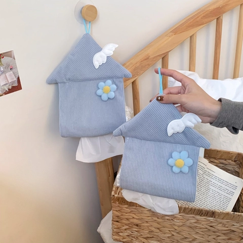 Hängende Taschentuchbox Hausform Cord Stoff Engel Flügel Blumen Deko Badezimmer Auto Wandhalterung Organizer