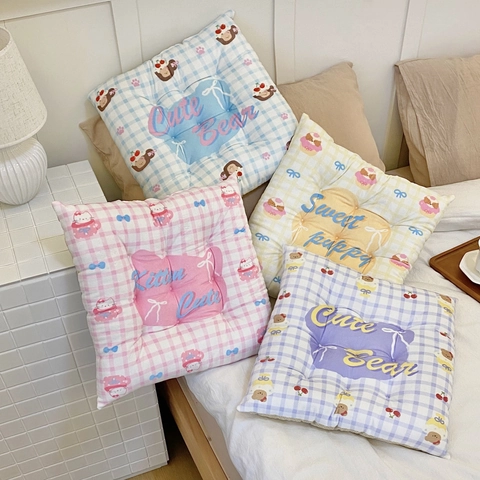 Coussin De Chaise Carré Peluche Doux Imprimé À Carreaux Rembourré Pour Bureau Maison Dortoir Esthétique Dessin Animé