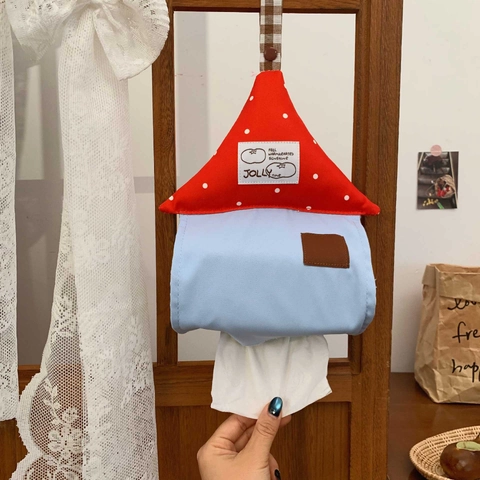 Funda De Tela Para Caja De Pañuelos Forma Casa Colgante De Pared Diseño De Lunares Porta Servilletas Decorativo