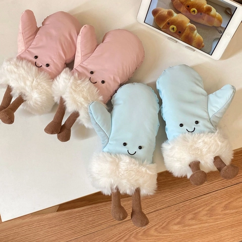 Moffole Cartone Animato Sorridente Inverno Caldo Peluche Pelliccia Sintetica Ispessita Antivento Sci Gambe Decorative