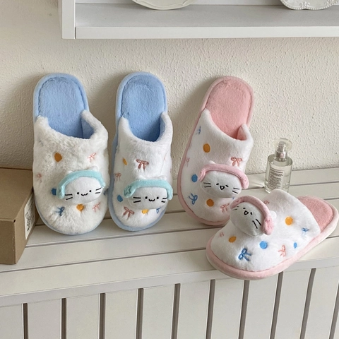 Cute Cartoon Cat Plush Slippers Warm Indoor Home Shoes With 3D Headphones Cat Head Soft Cotton Fleece For Women Girls