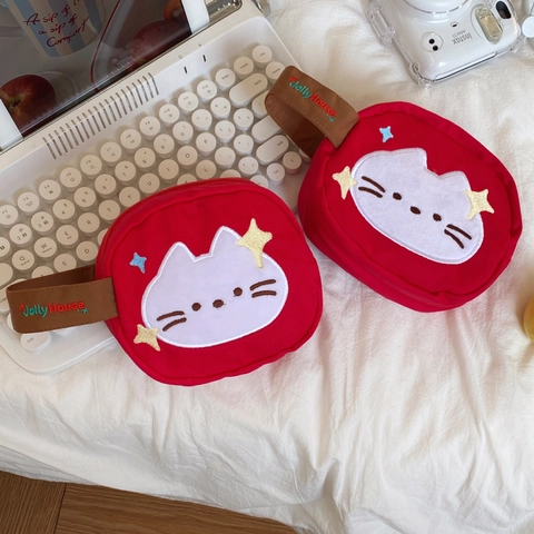 Mini Sac De Rangement Broderie Chat Mignon Rond Toile Étui Appareil Photo Portable Pour CCD Polaroid Maquillage Voyage