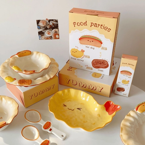 Vajilla De Cerámica Comida Dibujos Animados Pan Lindo Glaseado Postre Ensalada Plato Cuenco Irregular Cuchara Relieve Novedad