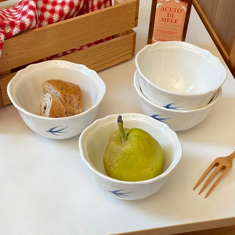 Keramikschale Wellenrand Blaues Schwalbenmuster Französischer Retro Minimalistischer Stil Für Reis Nachtisch Suppe Salat