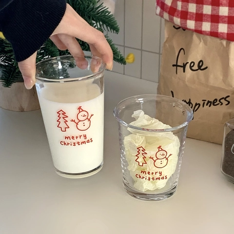 Christmas Snowman Glass Cup Red Printed Festive Cartoon Milk Coffee Water Mug Soda Lime Glass Clear Drinking Vessel