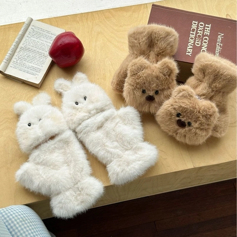 Guanti In Peluche Caldi Invernali Con Patta Mezzo Dito Pelliccia Sintetica Orso Coniglio Cartone Animato Antivento Per Donne Studentesse