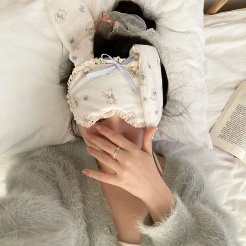 Rabbit Ear Sleeping Eye Mask Cotton Breathable Shading Blindfold Travel Nap Soft Cover Women Girls Lace Bow Print