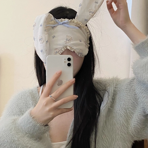 Rabbit Ear Sleeping Eye Mask Cotton Breathable Shading Blindfold Travel Nap Soft Cover Women Girls Lace Bow Print