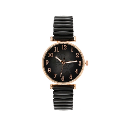 Women Fashion Quartz Watch With Elastic Stretch Alloy Band Leaf Pattern Dial Round Case Arabic Numerals Casual Wristwatch