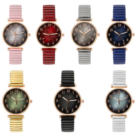 Dames Mode Quartz Horloge Met Bladpatroon Wijzerplaat Roségoud Legering Elastische Stretchband Casual Elegant Horloge