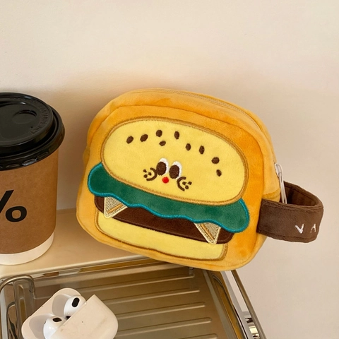 Cute Burger Shape Plush Camera Storage Bag Portable Cartoon Instant Camera Case Protective Cover Handheld For Girls