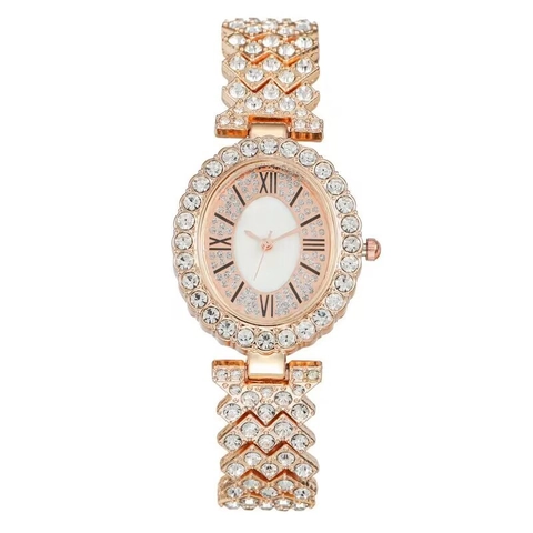 Luxury Women Quartz Watch Rhinestone Alloy Bracelet Oval Dial Roman Numerals Fashion Elegant Jewelry Timepiece