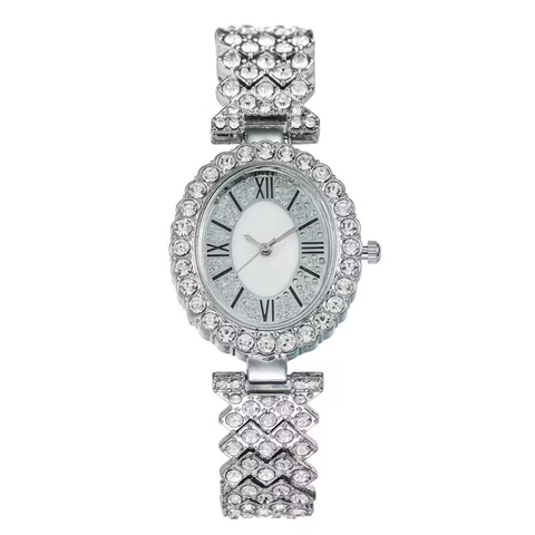 Luxury Women Quartz Watch Rhinestone Alloy Bracelet Oval Dial Roman Numerals Fashion Elegant Jewelry Timepiece