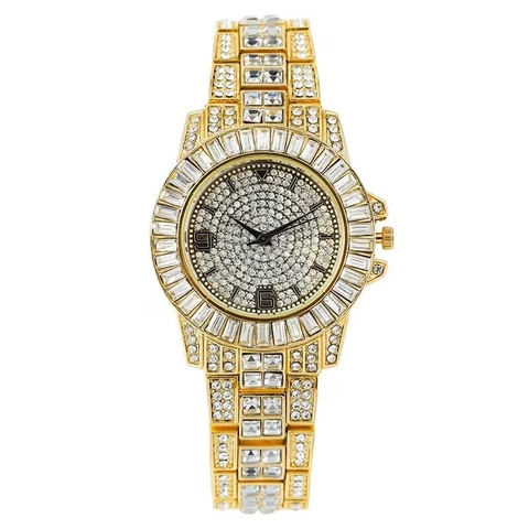 Women Quartz Watch Luxury Full Diamond Encrusted Alloy Steel Band Iced Out Fashion Wristwatch