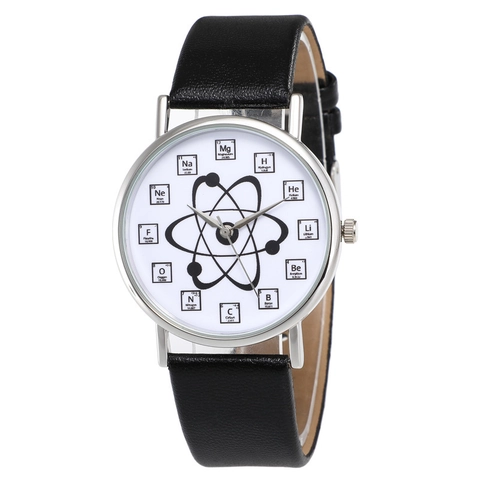 Chemistry Periodic Table Quartz Watch Atomic Model Science Geek Style Faux Leather Strap Unisex Student Wristwatch