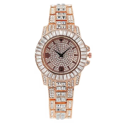 Women Quartz Watch Luxury Full Diamond Encrusted Alloy Steel Band Iced Out Fashion Wristwatch