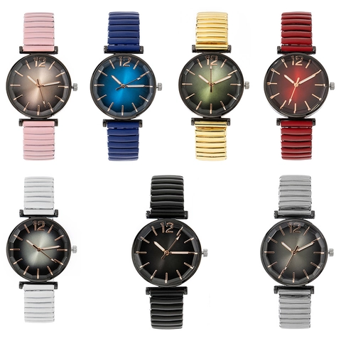 Fashion Women Quartz Watch Gradient Dial Polygonal Cut Glass Mirror Elastic Expandable Alloy Band Ladies Wristwatch Gift