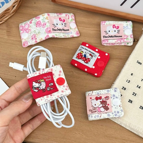 Cartoon Cat Fabric Cable Organizer Portable Snap Button Desktop Data Line Cord Management Floral Pattern Cute