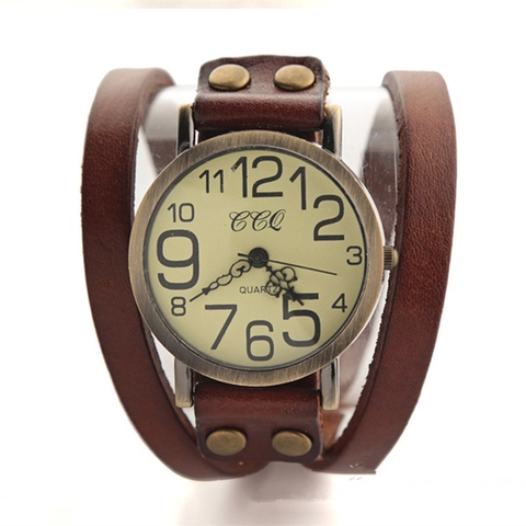Montre Quartz Rétro Vintage Cuir Triple Tour Bracelet Sangle Rivets Grands Chiffres Boho Punk Décontracté
