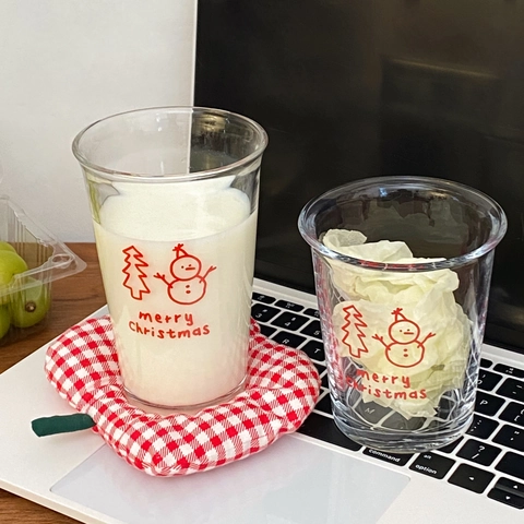 Christmas Snowman Glass Cup Red Printed Festive Cartoon Milk Coffee Water Mug Soda Lime Glass Clear Drinking Vessel