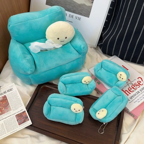Plush Sofa Shape Tissue Box Cover Cute Soft Desktop Napkin Holder Decorative Home Ornament Blue