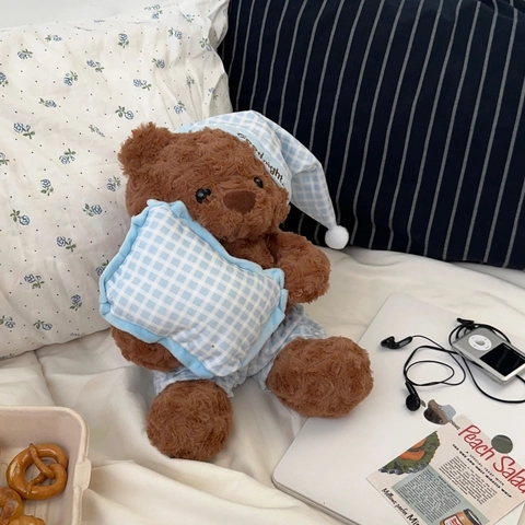 Plush Teddy Bear In Blue Plaid Pajamas And Nightcap With Mini Pillow Soft Stuffed Animal Toy For Kids Sleeping Companion