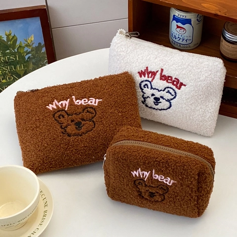 Borsa Per Cosmetici In Pile Sherpa Ricamata Con Orso Carino Pochette Da Viaggio Portatile Organizer In Morbido Pile