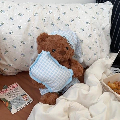 Plush Teddy Bear In Blue Plaid Pajamas And Nightcap With Mini Pillow Soft Stuffed Animal Toy For Kids Sleeping Companion