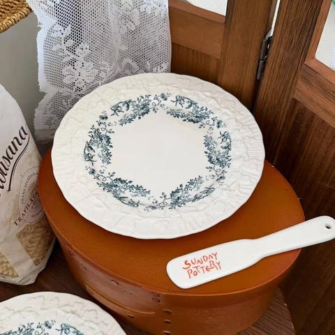 French Vintage Ceramic Dinner Plate Embossed Floral Pattern Underglaze Round Dessert Dish Home Kitchen Tableware