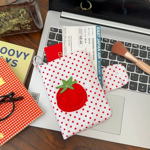 Cute Red Polka Dot Cloth Fabric Passport Holder Travel Organizer Card Bag With Tomato Embroidery For Women Girls