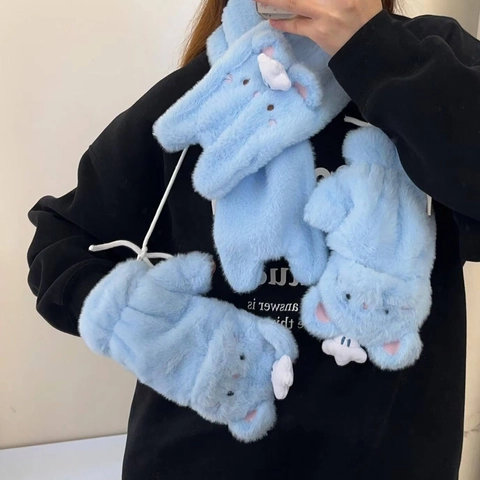 Guantes Y Bufanda De Felpa Cálidos De Invierno Para Mujer Bordado De Animales De Dibujos Animados Lindo Accesorio De Moda