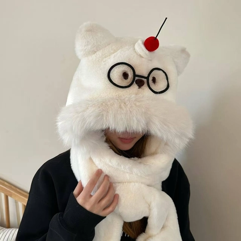 3-In-1 Cappello Sciarpa E Guanti Peluche Cartone Animato Gatto Orso Occhiali Ispessito Caldo Antivento Esterno Per Donna