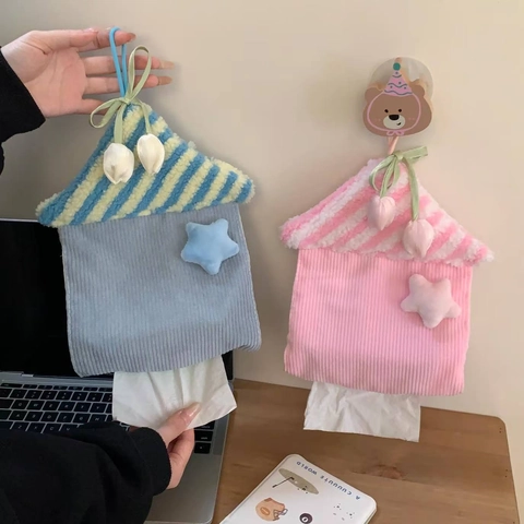 House Shaped Hanging Tissue Box Cover Plush Corduroy Striped Wall Mounted Cute Napkin Dispenser Bag For Home Office Decoration