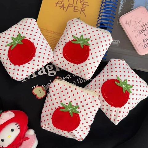 Mini Münzbörse Polka Dot Tomate Leinwand Reißverschlussbeutel Tragbare Kopfhörer Lippenstift Aufbewahrungstaschen Für Frauen