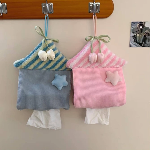House Shaped Hanging Tissue Box Cover Plush Corduroy Striped Wall Mounted Cute Napkin Dispenser Bag For Home Office Decoration