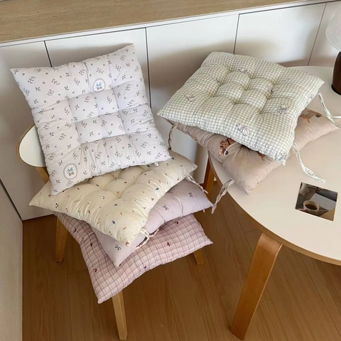 Quadratisches Sitzkissen Polyester Gesteppt Mit Bindebändern Für Büro Zuhause Esszimmer Blumenmuster Karo Pastoral Weich