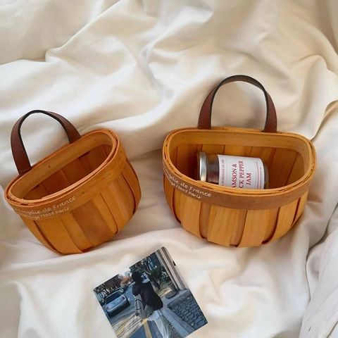 Cesto Portaoggetti Intrecciato In Trucioli Di Legno Con Manico In Pelle Retro Francese Organizer Da Parete Scrivania Casa