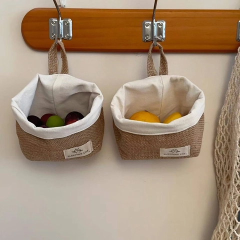 Woven Jute Storage Basket Cotton Linen Lining Wall Hanging Desktop Organizer Kitchen Bathroom Small Bag Cat Label