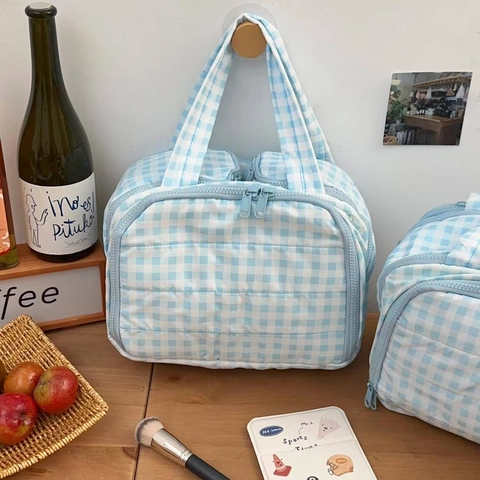 Blue Gingham Quilted Nylon Cosmetic Bag Large Capacity Travel Toiletry Organizer Portable Makeup Pouch For Women