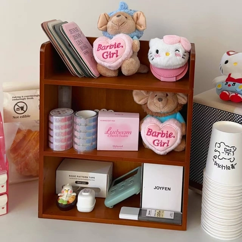 Retro Wooden Desktop Storage Shelf Tiered Organizer Rack For Cosmetics Stationery Kitchen Spices Walnut Color Home Office