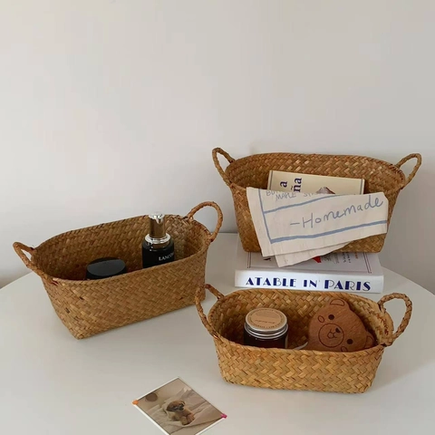 Handmade Woven Storage Basket Natural Seagrass Desktop Organizer Bin With Handles For Sundries Cosmetics Retro Style