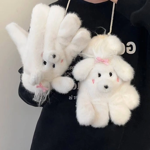 Guanti E Sciarpa Invernali Caldi In Peluche Cane Cartone Animato Pelliccia Sintetica Ispessita Antivento Per Donne Ragazze Accessorio Kawaii
