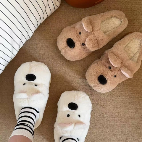 Cute Dog Shaped Plush House Slippers Winter Warm Thickened Faux Fur Indoor Shoes Non-Slip EVA Sole For Adults