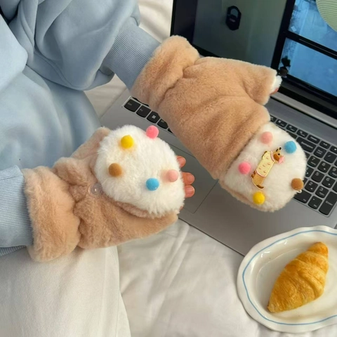 Winter Warme Pluche Halve Vinger Flip-top Handschoenen Met Gekleurde Pompons En Cartoon Dierenpatch Voor Dames En Studenten