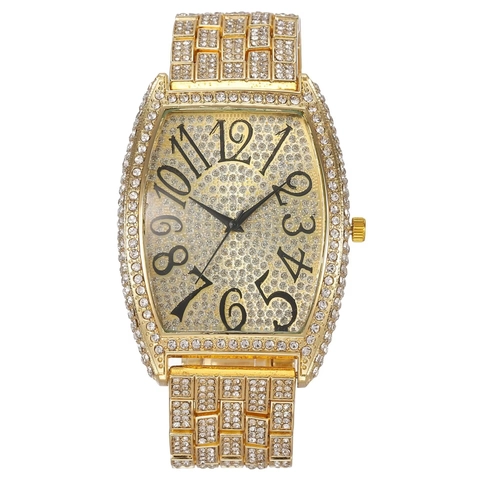 Herren Quarz Uhr Tonneauförmig Mit Strass Besetzt Legierung Armband Iced Out Hip Hop Mode Luxus Armbanduhr Schmuck