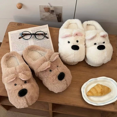 Cute Dog Shaped Plush House Slippers Winter Warm Thickened Faux Fur Indoor Shoes Non-Slip EVA Sole For Adults