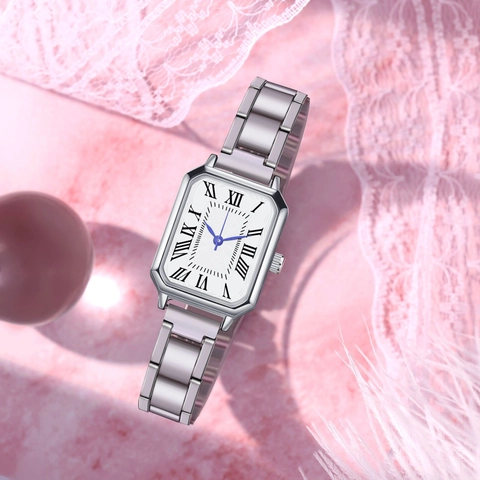 Orologio Al Quarzo Da Donna Cassa Rettangolare Numeri Romani Lancette Blu Cinturino In Lega Orologio Elegante