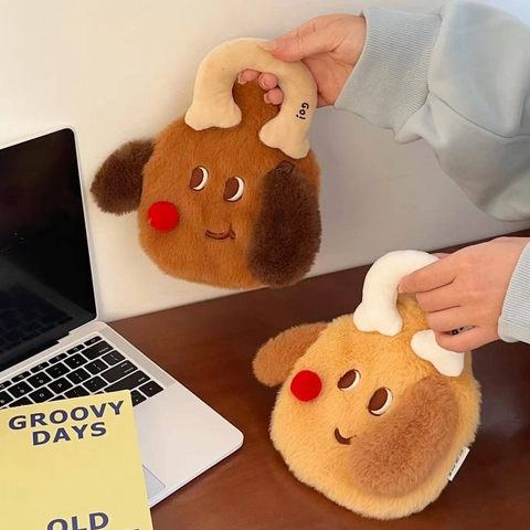 Plush Hot Water Bottle Cartoon Puppy House Shape Soft Cover Thickened Fillable Hand Belly Warmer Portable